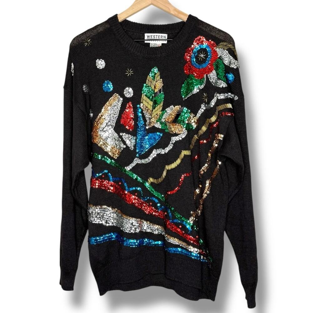 Vintage 80s Western Connection Sequin Beaded Sweater Black L Oversized Holiday